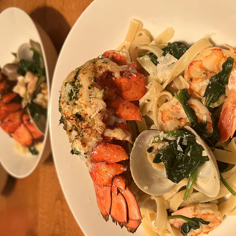 Lobster tails served with shrimp fettuccine