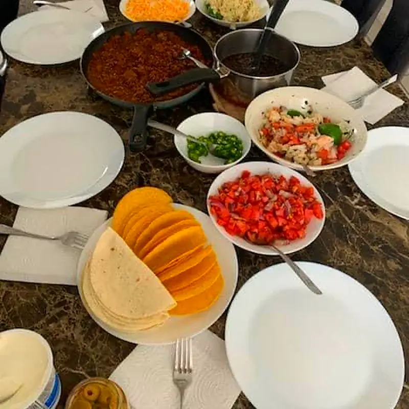 Build-your-own taco spread laid out for a group