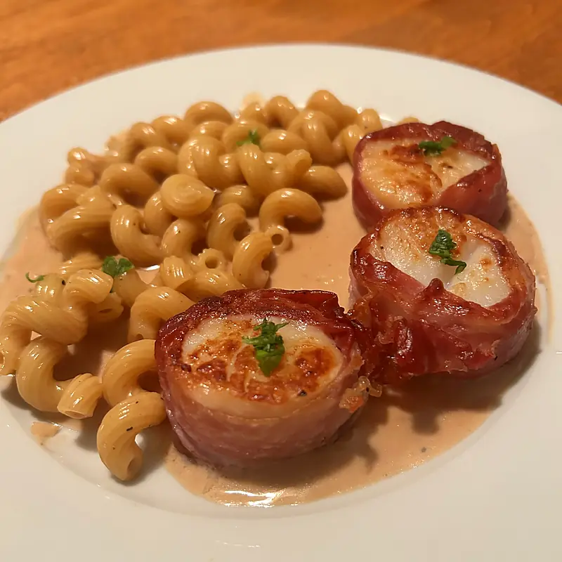 Bacon-wrapped scallops with a side of pasta