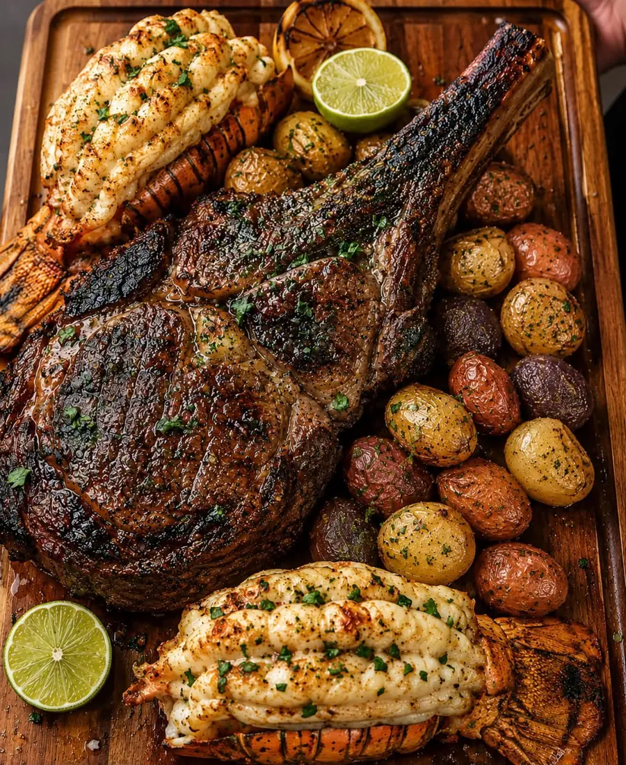 Grilled tomahawk ribeye with lobster tails and roasted potatoes on a wooden board